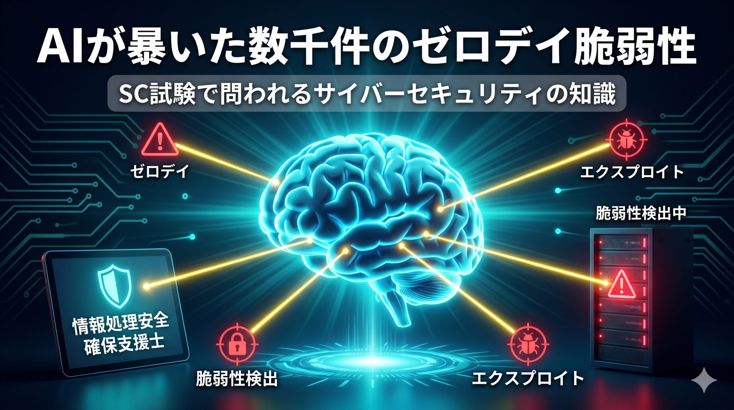Iが数千件のゼロデイ脆弱性を発見する様子を描いた、情報処理安全確保支援士（SC）試験対策記事のアイキャッチ画像