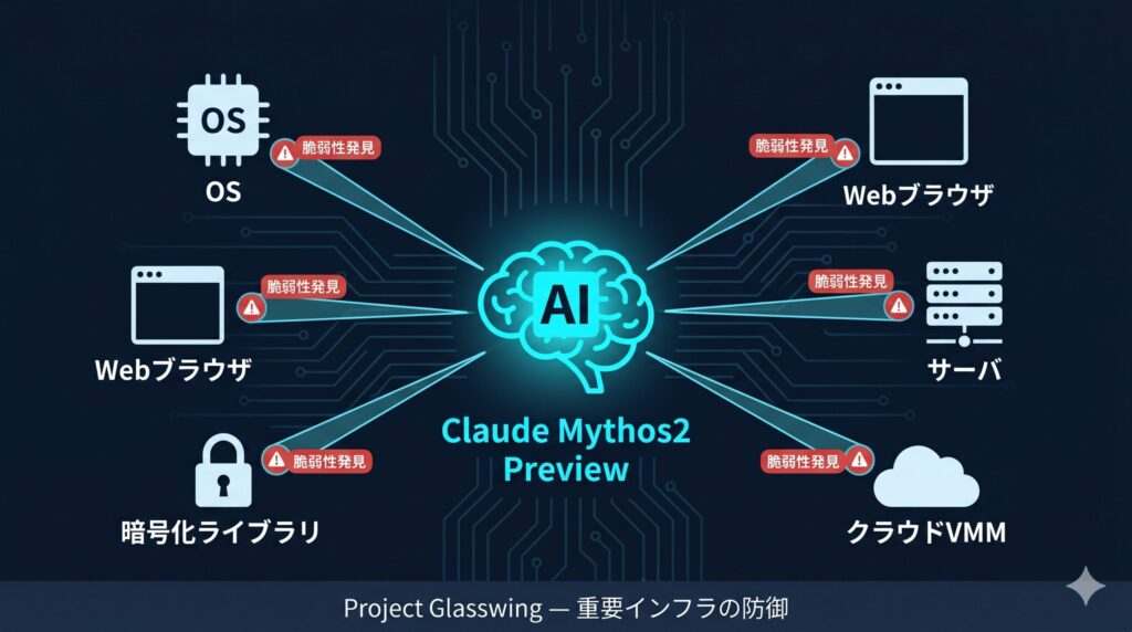 Claude Mythos2 Preview」がOS・ブラウザ・サーバ・暗号化ライブラリ・クラウドVMMなど主要ソフトウェアをスキャンし、脆弱性を発見している様子を示すイラスト。