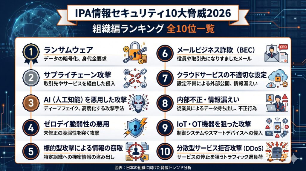 IPA情報セキュリティ10大脅威2026 組織編ランキング全10位の一覧図