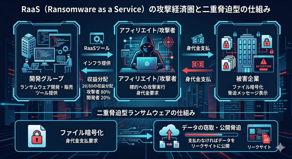 RaaS（Ransomware as a Service）の攻撃経済圏と二重脅迫型の仕組みを示す概念図