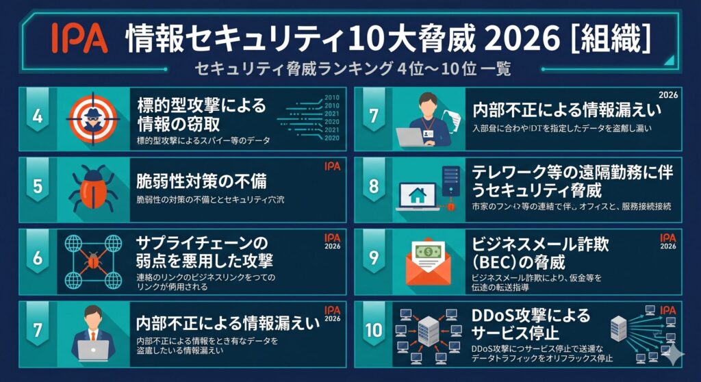 情報セキュリティ10大脅威2026 組織編4〜10位の脅威アイコンと名称の一覧図