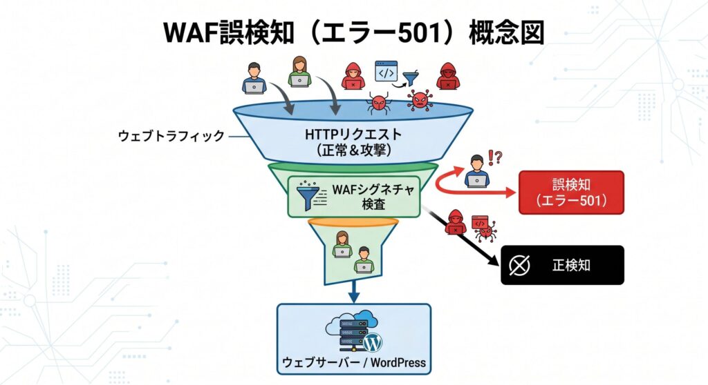  正常な通信を誤ってブロックするWAFのフォールスポジティブ（誤検知）のメカニズム図