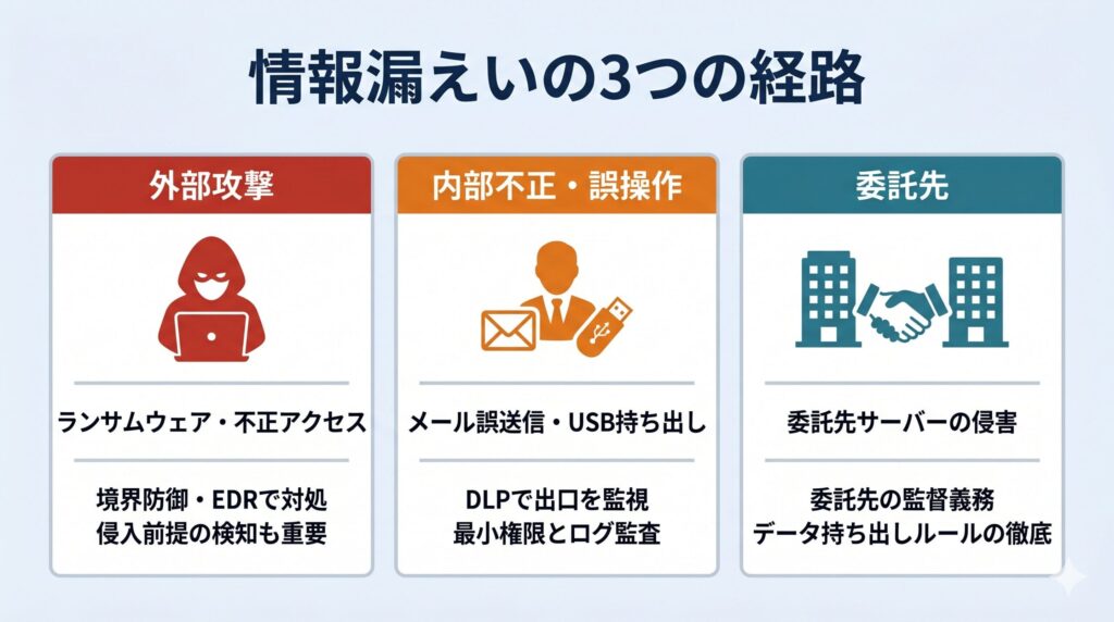 情報漏えいの3つの経路の比較図：外部攻撃・内部不正/誤操作・委託先