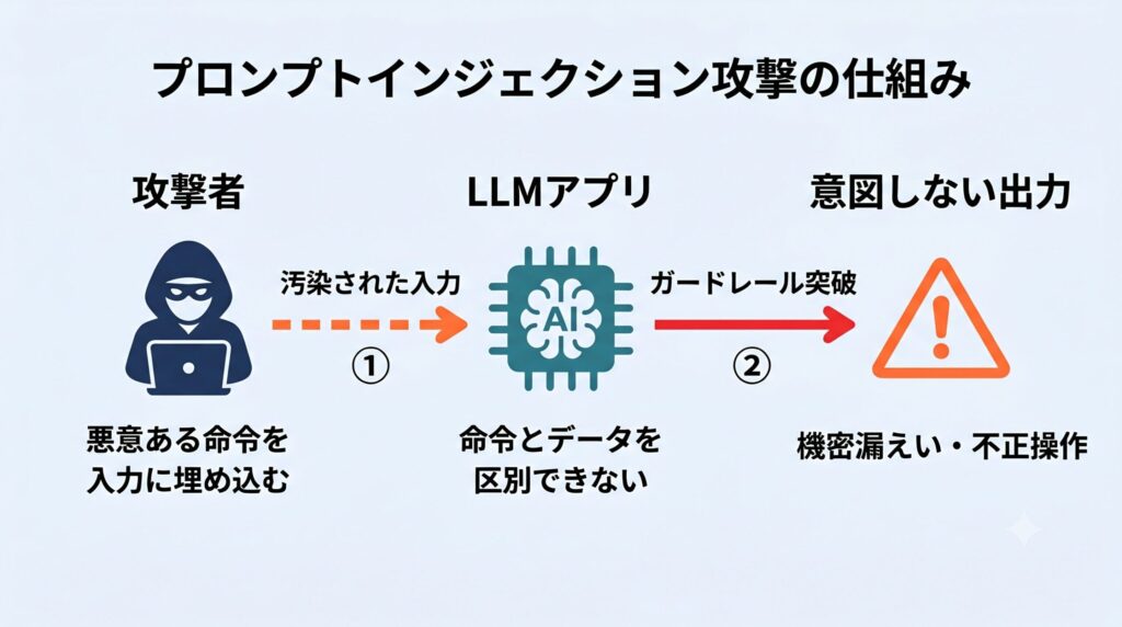 プロンプトインジェクション攻撃のフロー図。攻撃者が汚染された入力をLLMアプリに送り込み、LLMが命令とデータを区別できないためガードレールを突破して機密漏えいや不正操作につながる意図しない出力を生成するまでの流れを示す。