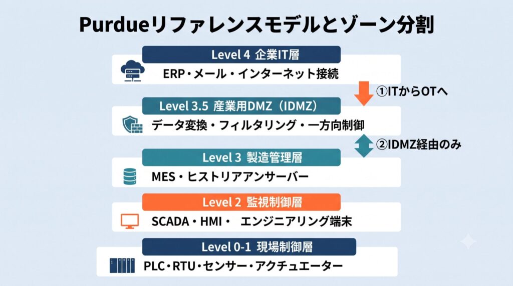 Purdueリファレンスモデルのゾーン分割図。企業IT層（Level 4）・産業用DMZ（Level 3.5）・製造管理層（Level 3）・監視制御層（Level 2）・現場制御層（Level 0〜1）の5階層を示す。