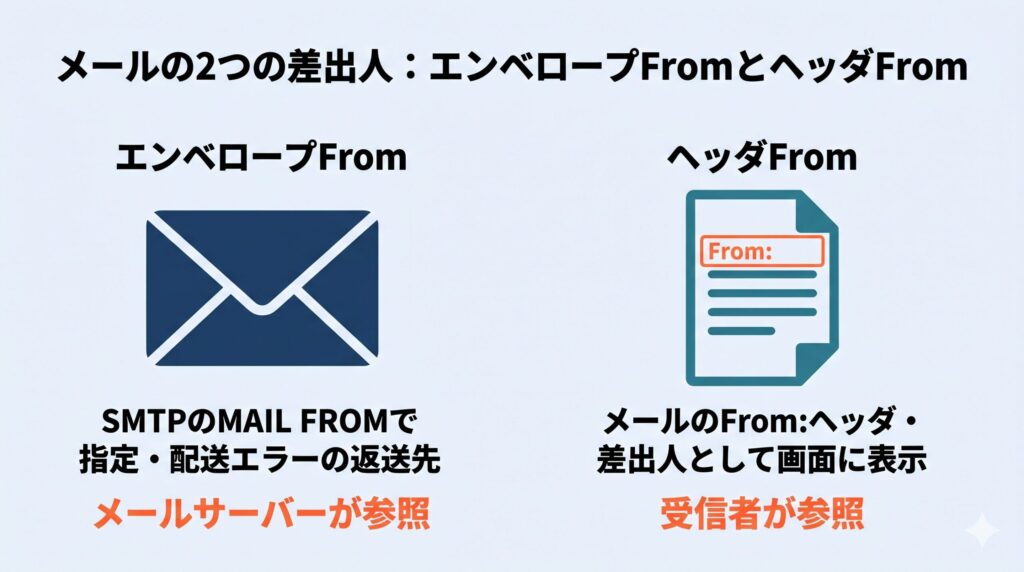 エンベロープFrom（封筒の差出人＝SMTPのMAIL FROM、サーバーが参照）とヘッダFrom（便箋の署名＝From:ヘッダ、受信者が参照）の比較図]