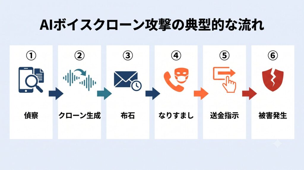 AIボイスクローン攻撃の流れを示すフロー図。偵察、クローン生成、布石、なりすまし、送金指示、被害発生の6段階が矢印でつながっている