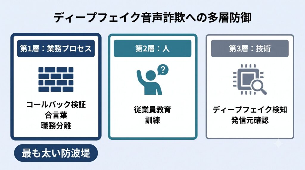 ディープフェイク音声詐欺への多層防御を示す3層の比較図。第1層は業務プロセス（コールバック検証・合言葉・職務分離）で最も太い枠の防波堤として描かれ、第2層は人（従業員教育・訓練）、第3層は技術（ディープフェイク検知・発信元確認）
