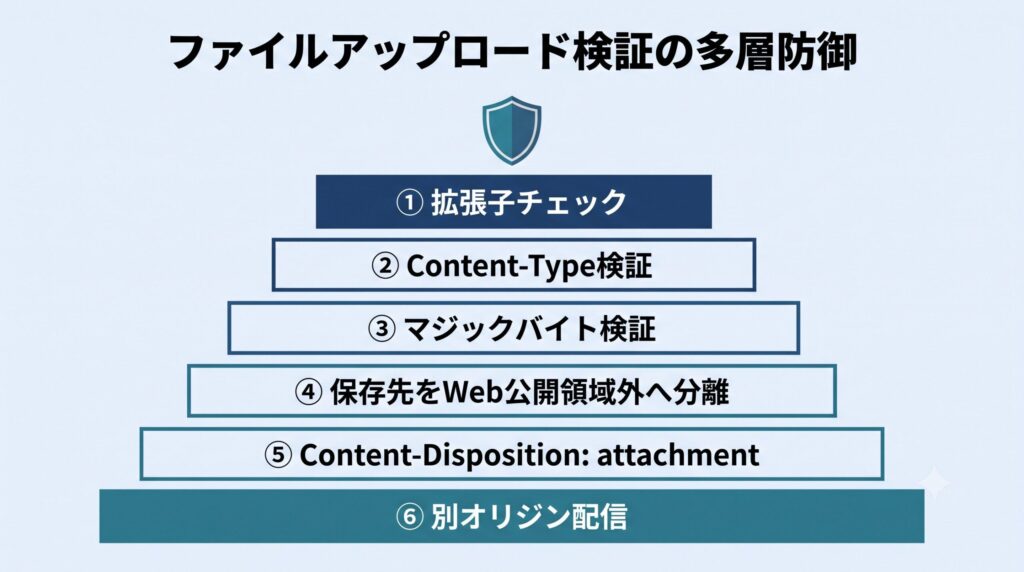 ファイルアップロード検証の多層防御図。拡張子チェック、Content-Type検証、マジックバイト検証、保存先をWeb公開領域外へ分離、Content-Disposition: attachment、別オリジン配信の6つの層が積み重なり、防御の重なりを表現した図