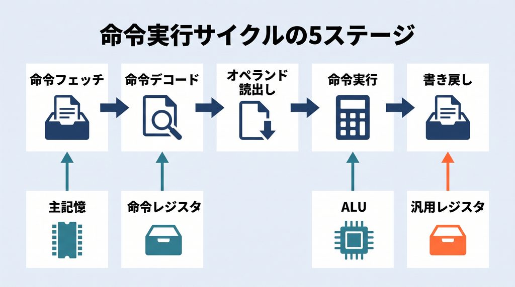 命令実行サイクルの5ステージ（命令フェッチ、命令デコード、オペランド読出し、命令実行、書き戻し）と、各ステージに対応するハードウェア（主記憶・命令レジスタ・ALU・汎用レジスタ）の関係を示す流れ図