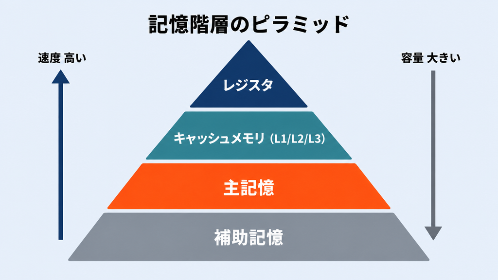 レジスタ・キャッシュメモリ（L1/L2/L3）・主記憶・補助記憶の記憶階層をピラミッド型で示し、上に行くほど高速・小容量、下に行くほど低速・大容量であることを表す図