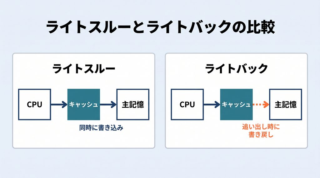 ライトスルーとライトバックの書き込み経路を左右に比較する図。ライトスルーはCPUからキャッシュ、主記憶へ同時に実線矢印で書き込み、ライトバックはCPUからキャッシュへのみ書き込み、追い出し時に主記憶へ点線矢印で書き戻す