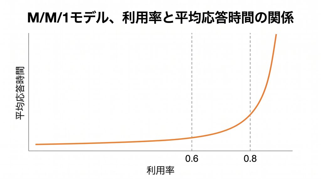 M/M/1モデルにおける利用率と平均応答時間の関係を示す曲線図。横軸に利用率、縦軸に平均応答時間を取り、利用率0.6と0.8の位置を点線で示しながら、利用率が1に近づくにつれ応答時間が急激に発散していく様子を描いた図