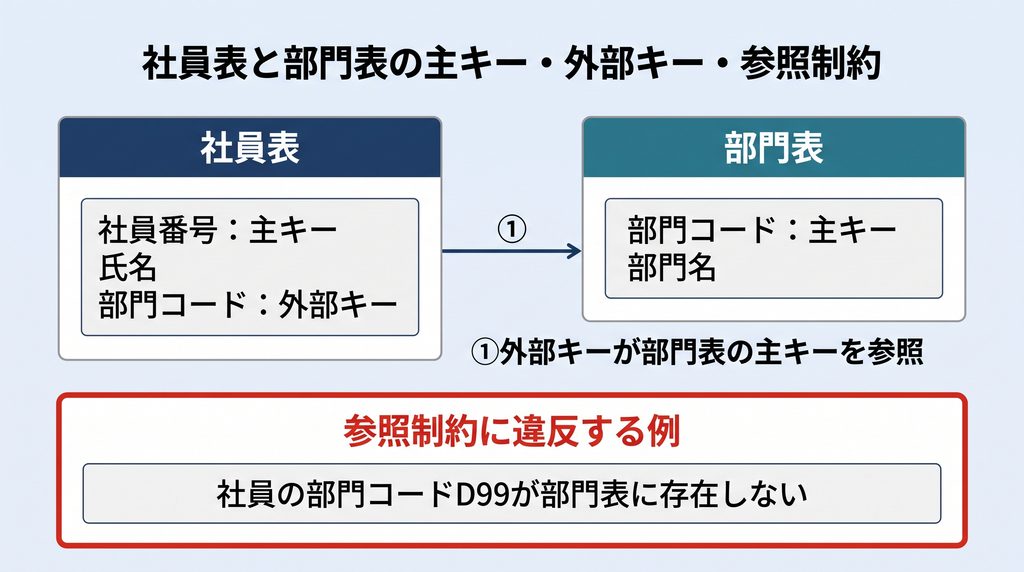 社員表と部門表の主キー・外部キー・参照制約の図。左に社員表（主キー：社員番号、外部キー：部門コード）、右に部門表（主キー：部門コード）を並べ、外部キーが部門表の主キーを参照する関係を矢印で示す。下部に、部門表に存在しない部門コードを持つ社員行が参照制約に違反する例を示す