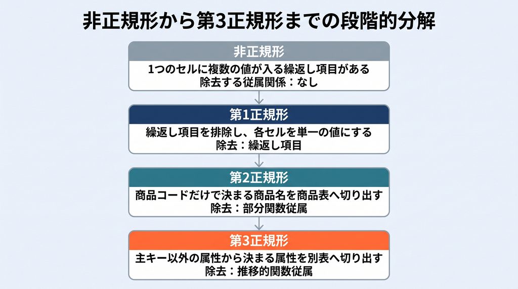 非正規形から第1正規形、第2正規形、第3正規形へ段階的に分解する流れ図。非正規形（繰返し項目あり）→第1正規形（繰返し項目を除去）→第2正規形（部分関数従属を除去し商品表を切り出し）→第3正規形（推移的関数従属を除去）の4段階を縦の矢印でつなぐ