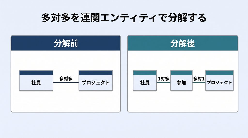 社員とプロジェクトの多対多の関連を連関エンティティで分解する前後の比較図。左のパネルは社員とプロジェクトが多対多で直接結びついた状態、右のパネルは間に参加エンティティを挟み、社員－参加、参加－プロジェクトがそれぞれ1対多で結びついた状態を示す