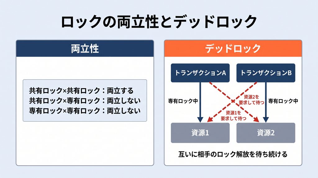 共有ロックと専有ロックの両立性マトリクスと、2つのトランザクションが互いのロック解放を待ち合うデッドロックの様子を並べた図。左パネルは共有ロック同士は両立し、共有ロックと専有ロック、専有ロック同士は両立しないことを示し、右パネルはトランザクションAとBが互いに相手の資源を要求して待ち合う循環を示す