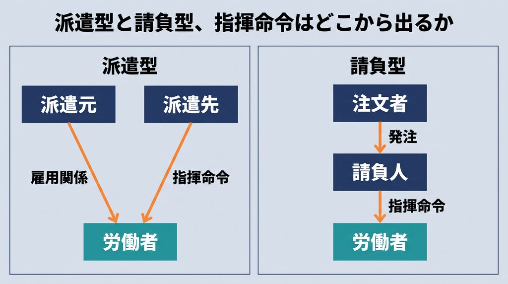 派遣型と請負型の指揮命令系統の比較図。左側の派遣型は派遣元と労働者の雇用関係、派遣先から労働者への指揮命令の矢印を示し、右側の請負型は注文者から請負人への発注の矢印と、請負人から労働者への指揮命令の矢印のみで、注文者から労働者への直接の矢印はないことを示す