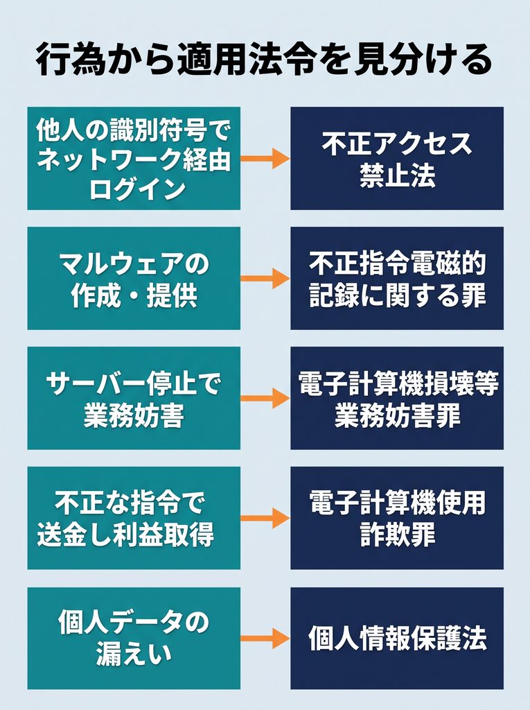 行為から適用法令を見分ける対応表。ネットワーク経由の不正ログインは不正アクセス禁止法、マルウェアの作成・提供は不正指令電磁的記録に関する罪、サーバー停止による業務妨害は電子計算機損壊等業務妨害罪、不正な指令による送金は電子計算機使用詐欺罪、個人データの漏えいは個人情報保護法という、5つの行為と適用法令を横矢印で対応させた図