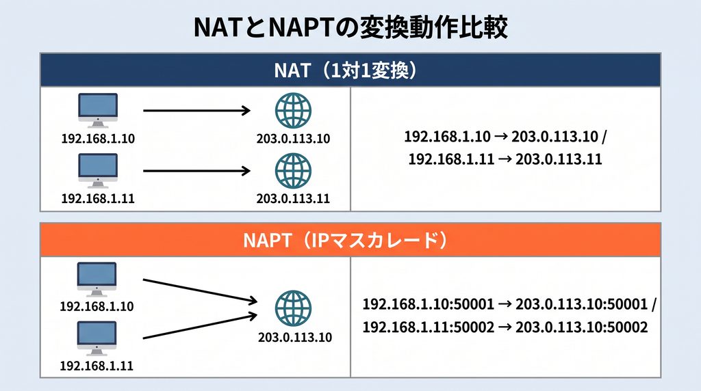 NATとNAPTの変換動作の比較図。上段はNATで内部の2台（192.168.1.10、192.168.1.11）をそれぞれ別のグローバルアドレスへ1対1変換し、下段はNAPTで両端末を同一グローバルアドレス203.0.113.10の異なる送信元ポート番号へ変換する様子を、変換テーブルの列（内部IP:ポート→外部IP:ポート）とともに示す