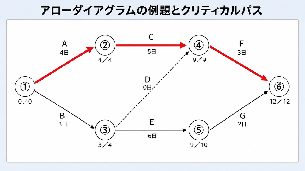 アローダイアグラムの例題図。結合点①〜⑥を作業A〜G（Dはダミー作業）で結び、各結合点に最早結合点時刻と最遅結合点時刻を併記し、クリティカルパス①→②→④→⑥を赤の太線で強調した図