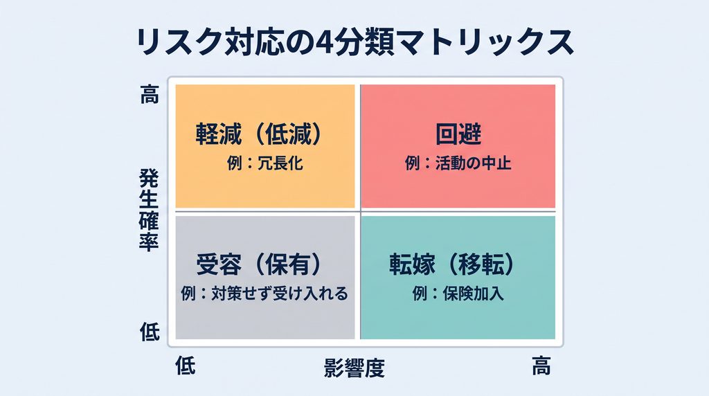 リスク対応の4分類マトリックス。縦軸に発生確率（高・低）、横軸に影響度（高・低）を取り、4象限に回避・軽減（低減）・転嫁（移転）・受容（保有）とそれぞれの具体例を配置した図