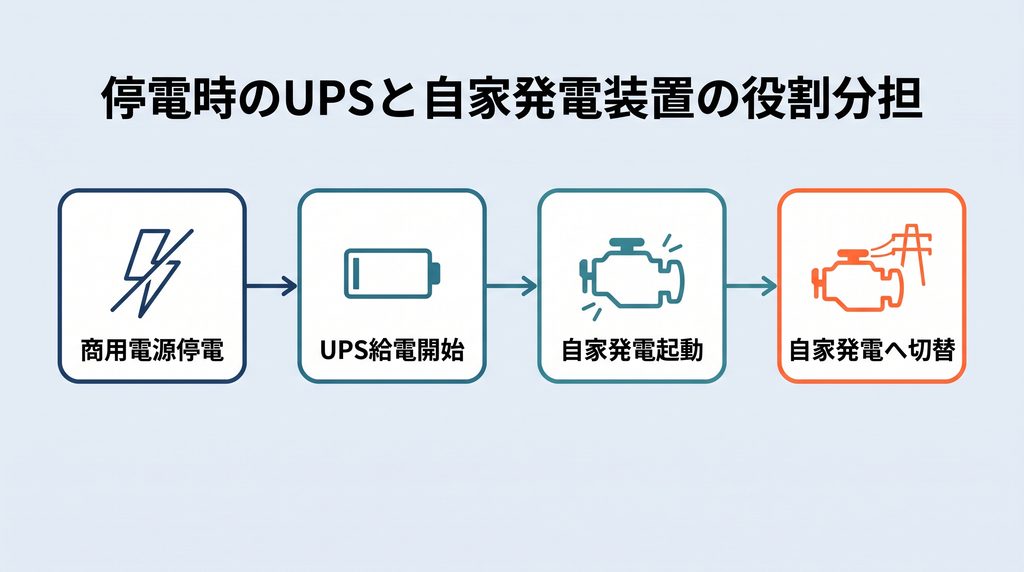 商用電源の停電からUPSのバッテリー給電開始、自家発電装置の起動、自家発電への切替までを4ステップの時間の流れで示した図
