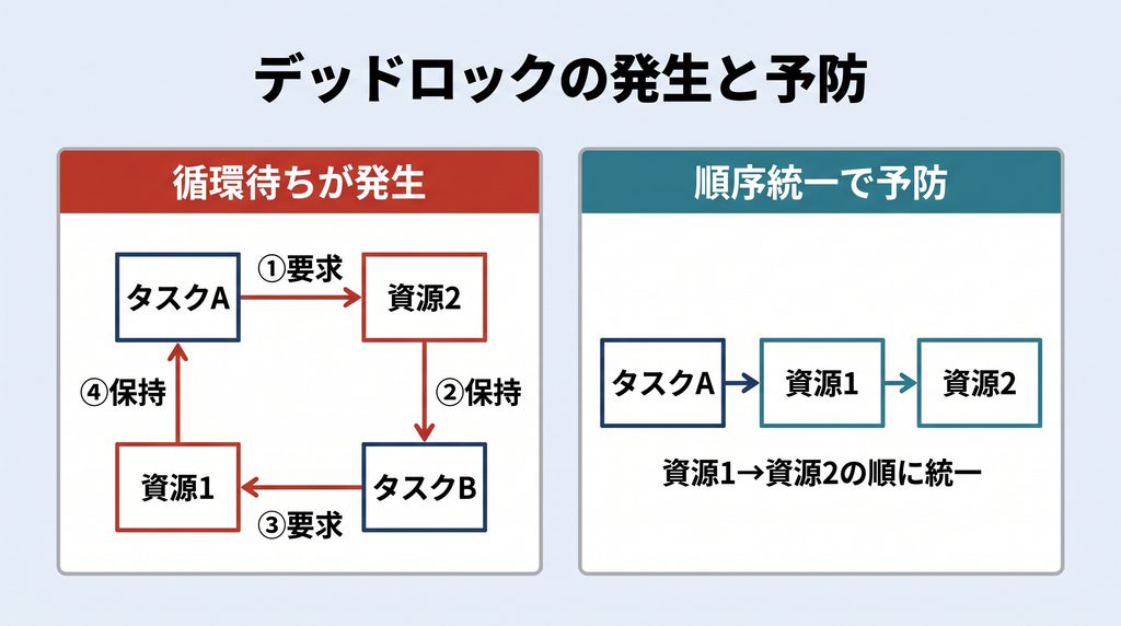 デッドロックの発生と予防を対比した図。左側はタスクAが資源1を保持したまま資源2を要求し、タスクBが資源2を保持したまま資源1を要求する循環待ちを4本の矢印の輪で示し、右側は資源1→資源2の順に要求を統一することで輪が切れる様子を示す