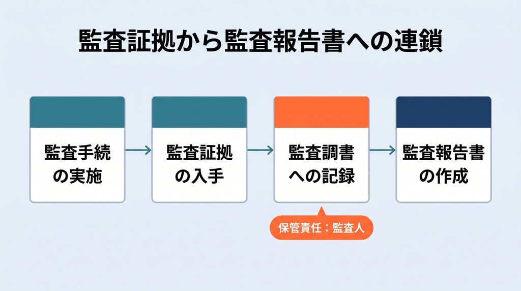 監査手続の実施→監査証拠の入手→監査調書への記録→監査報告書の作成という4段階の連鎖を矢印で示し、監査調書への記録の下に「保管責任：監査人」という吹き出しを添えた図