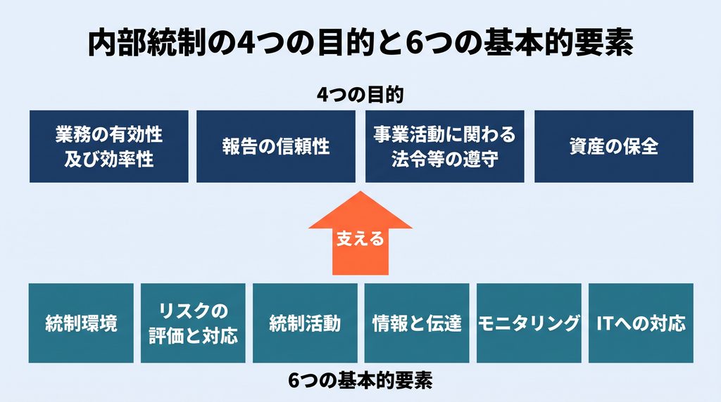 上段に内部統制の4つの目的（業務の有効性及び効率性・報告の信頼性・事業活動に関わる法令等の遵守・資産の保全）、下段に6つの基本的要素（統制環境・リスクの評価と対応・統制活動・情報と伝達・モニタリング・ITへの対応）を並べ、下段から上段へ「支える」という矢印を引いた上下2段構造の図