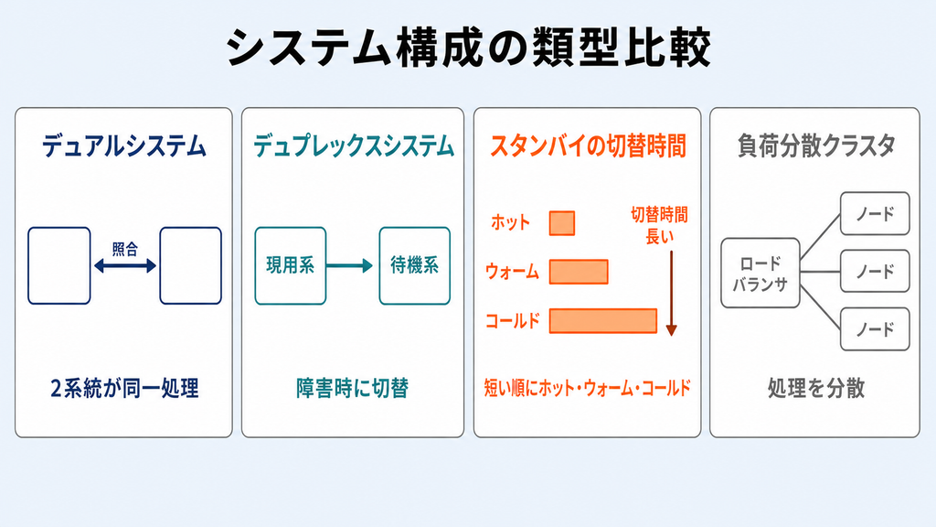 システム構成の類型比較。デュアルシステム（2系統が同一処理して照合）、デュプレックスシステム（現用系から待機系へ障害時に切替）、ホット・ウォーム・コールドスタンバイの切替時間の差、負荷分散クラスタ（ロードバランサが複数ノードへ処理を分散）を4パネルで並べた図