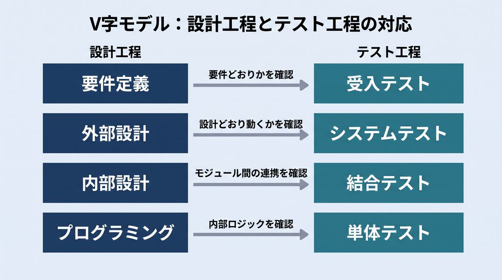 V字モデルの図。左列に要件定義・外部設計・内部設計・プログラミングを上から下へ、右列に受入テスト・システムテスト・結合テスト・単体テストを同じ高さで対応させて並べ、4本の矢印でそれぞれの検証内容を示す