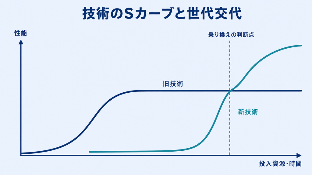 縦軸を性能、横軸を投入資源・時間とした折れ線グラフ。旧技術のS字曲線が成熟して横ばいの頭打ちになった後で、新技術のS字曲線が下から立ち上がって旧技術を追い抜く様子と、両曲線が交差する少し手前に「乗り換えの判断点」を示す縦の点線が描かれた図