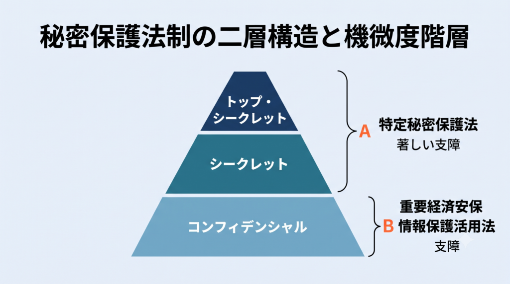 特定秘密保護法と重要経済安保情報保護活用法の二層構造を、トップ・シークレット/シークレット/コンフィデンシャルの機微度階層に対応づけた図