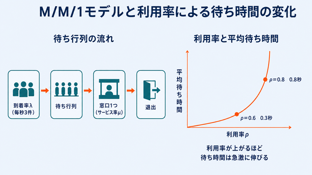 M/M/1待ち行列モデルの模式図（到着率λ→待ち行列→窓口1つ→サービス率μ→退出）と、利用率ρを横軸、平均待ち時間を縦軸に取った右上がりに急激に発散する曲線を並べた図。ρ＝0.6のとき0.3秒、ρ＝0.8のとき0.8秒という2点を示し、待ち時間の伸び方の差を表す