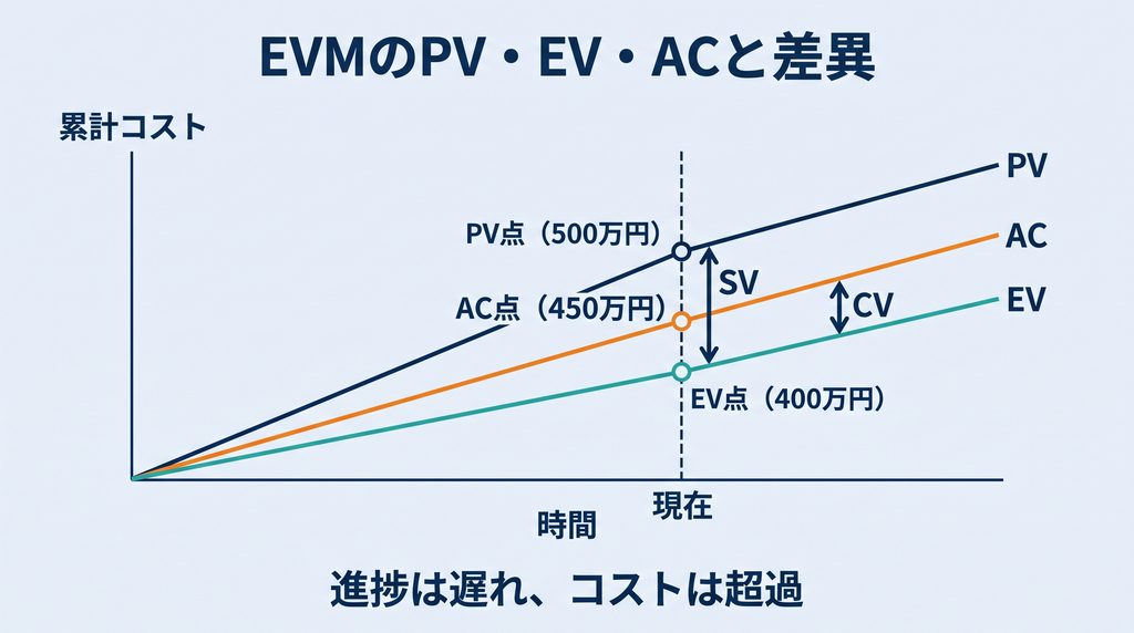 EVMのPV・EV・AC3曲線グラフ。横軸が時間、縦軸が累計コストで、現在時点の縦線上にPV点500万円、AC点450万円、EV点400万円が上から順に並び、PVとEVの差をSV、EVとACの差をCVとして矢印で示している