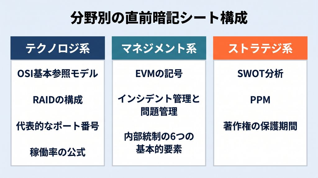 テクノロジ系・マネジメント系・ストラテジ系の3分野に分けた直前暗記シートの構成図。各分野に代表的な暗記項目を3〜4個ずつ配置している。