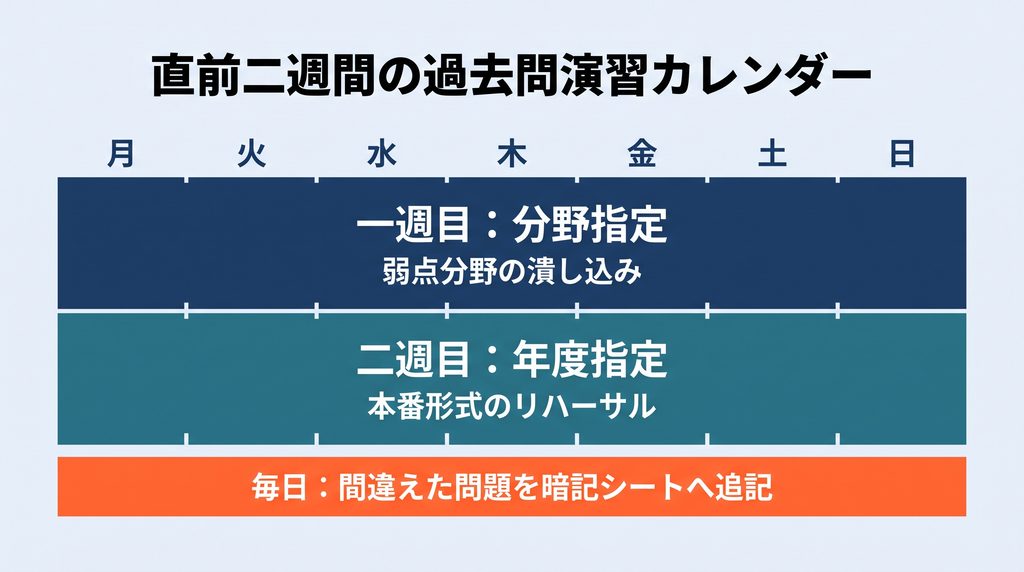 直前二週間の過去問演習カレンダー。月から日までの7列×2行のグリッドで、一週目の行は分野指定による弱点分野の潰し込み、二週目の行は年度指定による本番形式のリハーサルを表し、グリッドの下の帯に毎日行う「間違えた問題を暗記シートへ追記」が示されている。