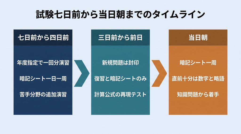 試験七日前から当日朝までの3区間のタイムライン図。七日前から四日前は年度指定演習と暗記シートの一日一周、三日前から前日は新規問題の封印と復習・暗記シートのみへの絞り込み、当日朝は暗記シート一周と直前十分の数字・略語確認を、矢印でつながる3つのパネルで示す。