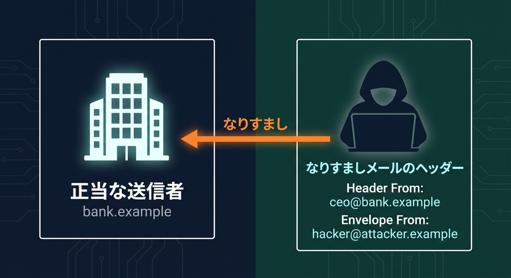 なりすましメール攻撃の概念図、正規の送信者と攻撃者の対比