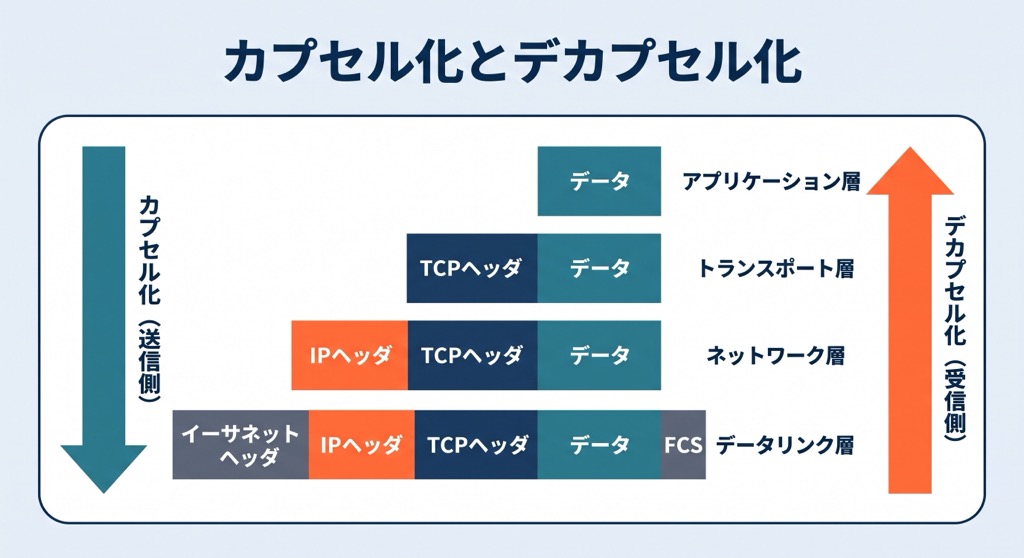 カプセル化とデカプセル化の流れ。送信側でデータにTCPヘッダ、IPヘッダ、イーサネットヘッダが順に付与され、受信側で逆順に外される様子