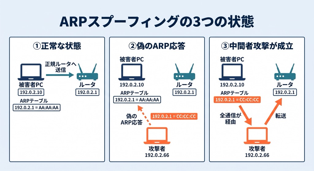 ARPスプーフィングの仕組み。偽のARP応答でARPテーブルが書き換えられ、通信が攻撃者の端末を経由する様子