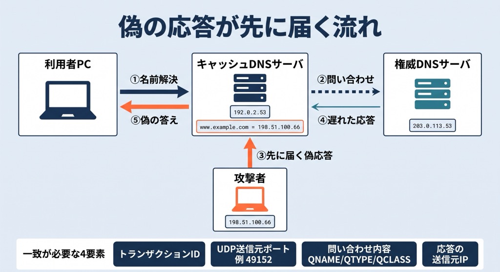 DNSキャッシュポイズニングの仕組み。権威サーバより先に偽の応答がキャッシュサーバへ届き、偽情報が保存される流れ