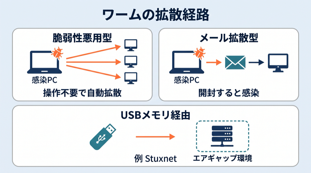 ワームの拡散経路を3つのパネルで示した図。左は脆弱性悪用型で、感染PCから複数の端末へ操作不要で自動拡散する。右はメール拡散型で、感染PCからメールを送り、受信側が添付ファイルを開いて実行すると感染する。下はUSBメモリ経由で、エアギャップ環境に侵入する例としてStuxnetを示す。
