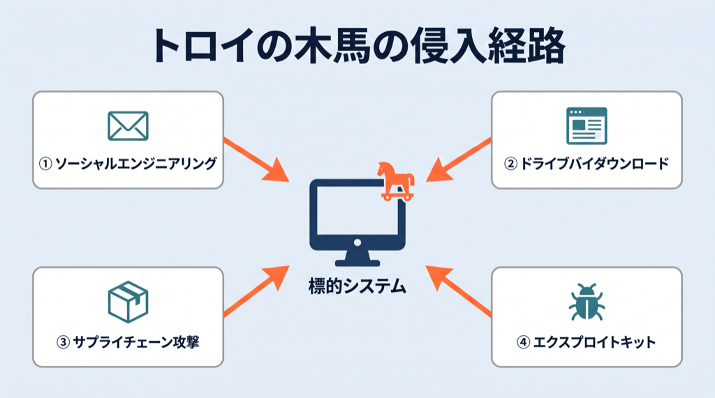 トロイの木馬の侵入経路を示した図。中央の標的システムに向かって4つの経路が矢印で示される。①ソーシャルエンジニアリング、②ドライブバイダウンロード、③サプライチェーン攻撃、④エクスプロイトキット。